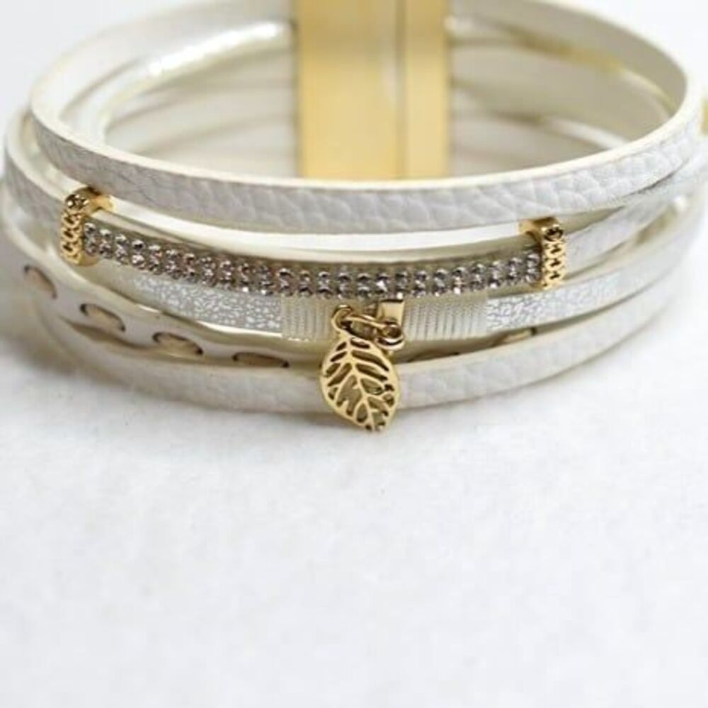 Maurices White Multi Layed Leather Feather Charm Rhinestone Magnetic 6" Bracelet